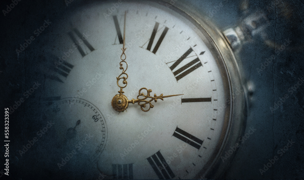 Close up old antique classic clock. Overlay effect on old paper texture. Concept of time