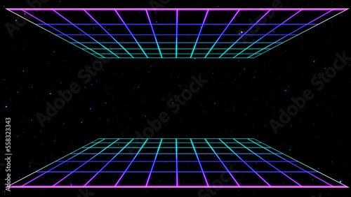 Obraz na płótnie Retro style 80s video game background. Futuristic Grid landscape of the 80s. Digital Cyber Surface. Suitable for design in the style of the 1980s. 3D illustration w salonie