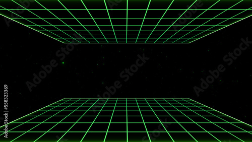 Obraz na płótnie Retro style 80s video game background. Futuristic Grid landscape of the 80s. Digital Cyber Surface. Suitable for design in the style of the 1980s. 3D illustration w salonie