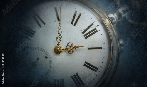 Close up old antique classic clock. Overlay effect on old paper texture. Concept of time, history, science, memory, information. Retro style. Vintage watch, clock background.