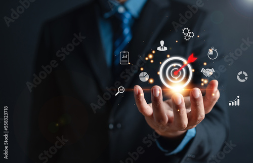 Businessman showing business target planning development leadership and customer target group  investment growth and success development  achivement  goal  strategy  finance concept.