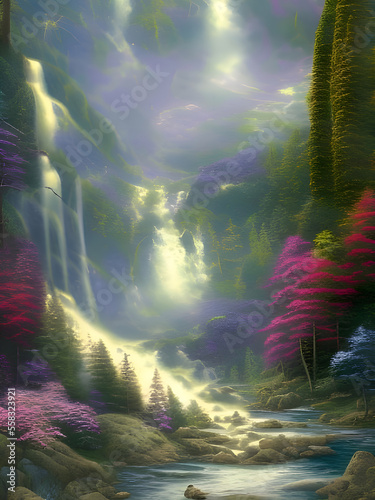 Waterfall And Mountains Created By Generative AI Technology