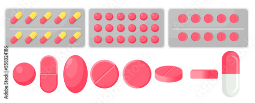 A vector image of the tablet. The concept of treatment and recovery. A health design element for apps, websites and social networks. Medicinal pills.