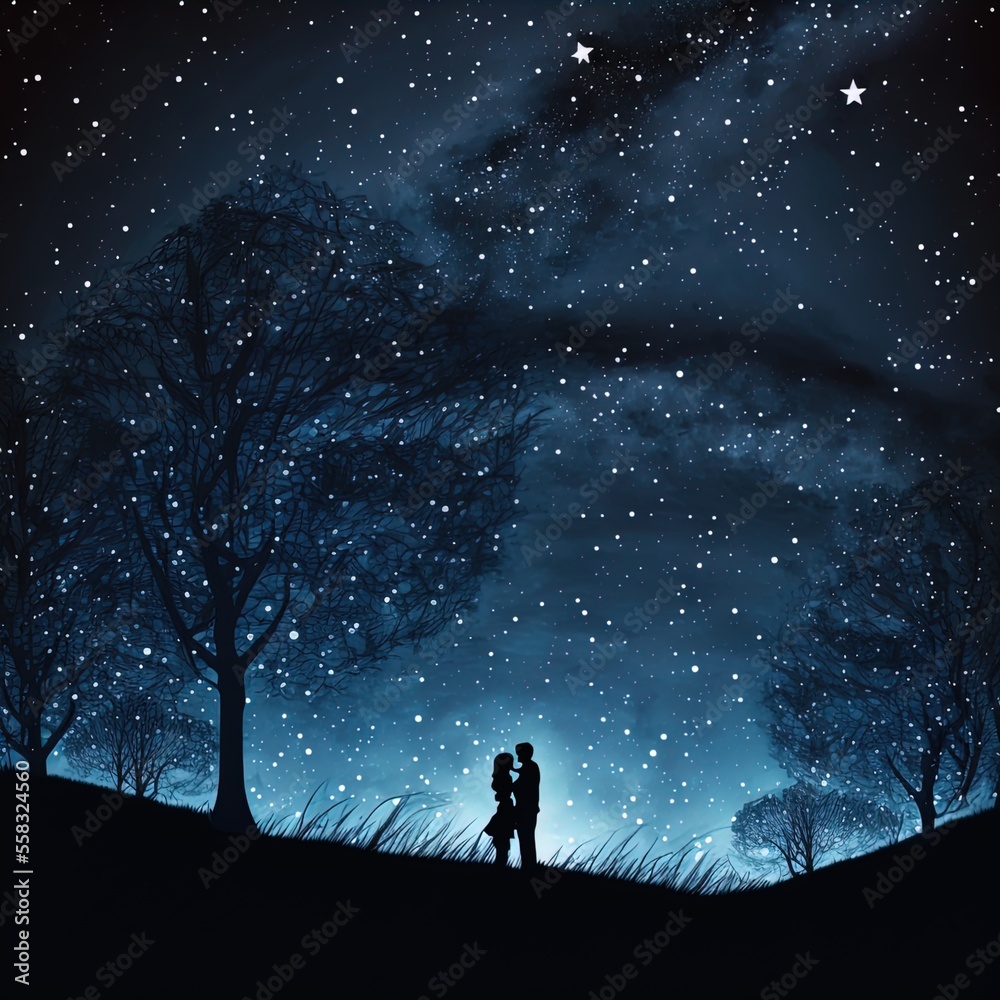 Silhouette of a romantic couple embracing against the starry night sky. 