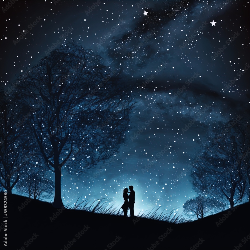 Silhouette of a romantic couple embracing against the starry night sky. Silhouette of a romantic couple embracing against the starry night sky.