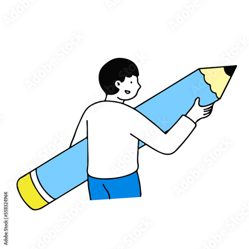 Man hold big pencil. Creative character process organization. Concept design for bloggers, journalists, interviewer.