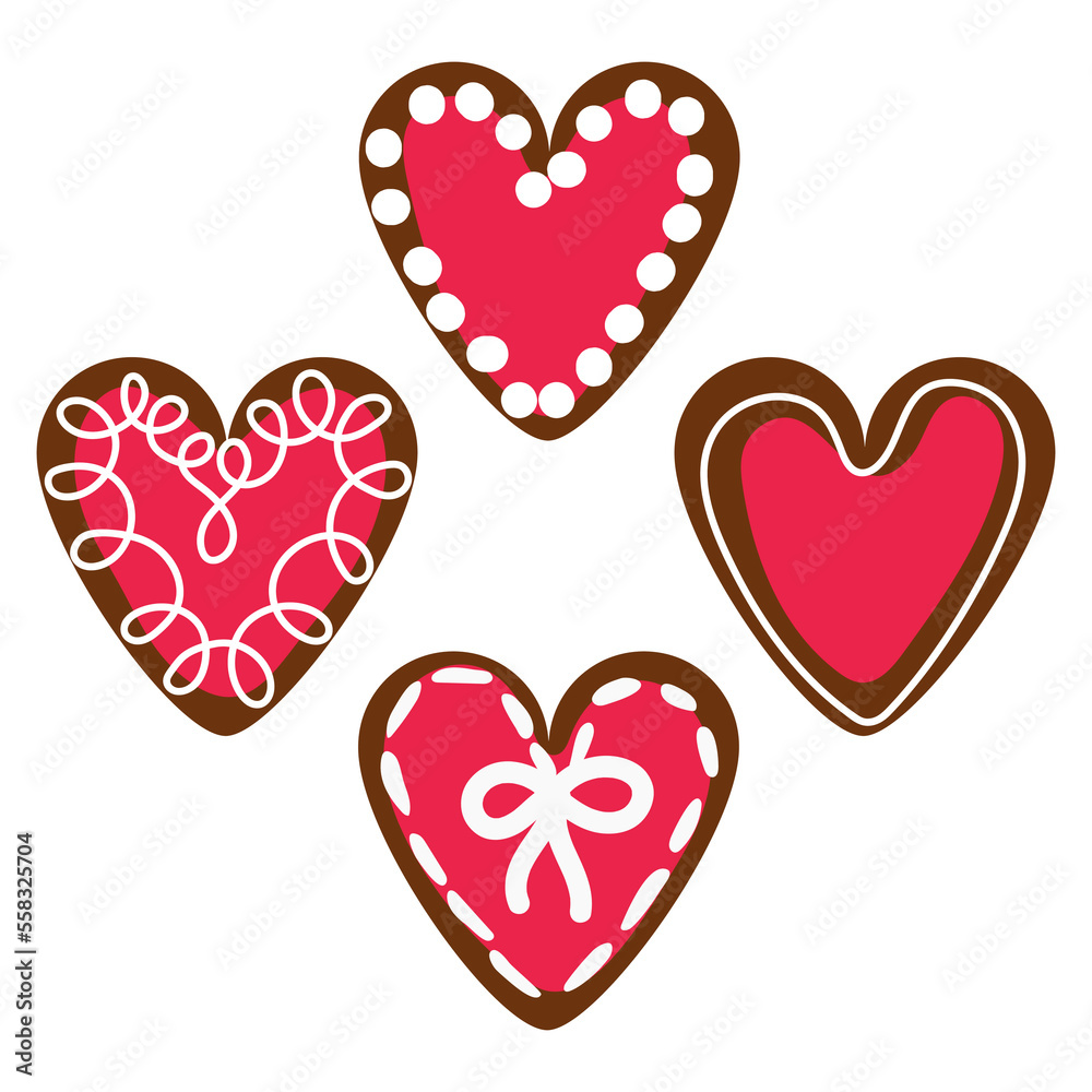 A set of hearts of different colors in the form of cookies with icing. Ginger cookies in the shape of hearts with a different kind of glaze. Background for printing holiday packaging, candy store