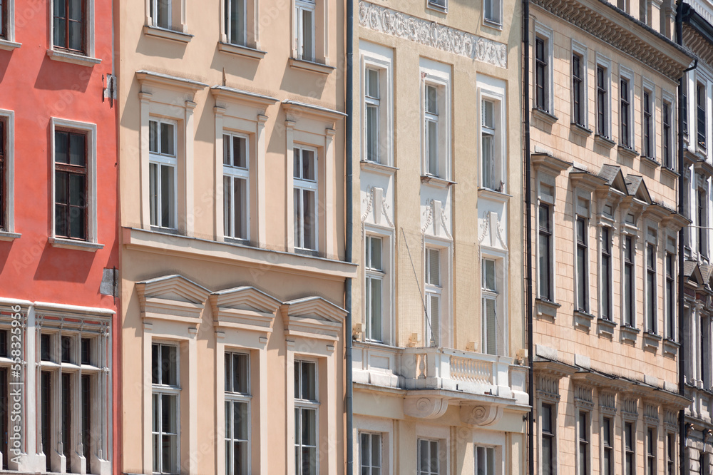 Close-up Facade of Historical Architecture near Market Square, Rynek Glowny of Krakow Poland.