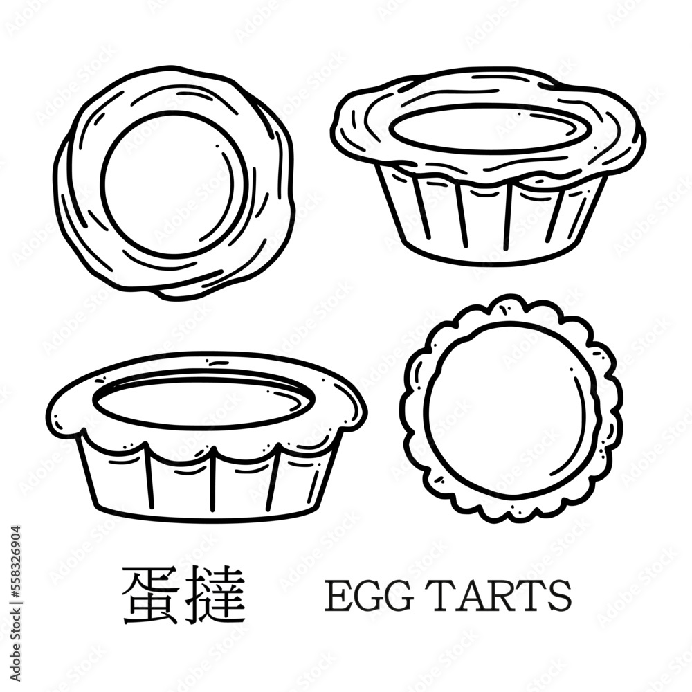 Egg tart vector illustration. Translation from Chinese egg tarts. New year dessert in doodle style. - obrazy, fototapety, plakaty 