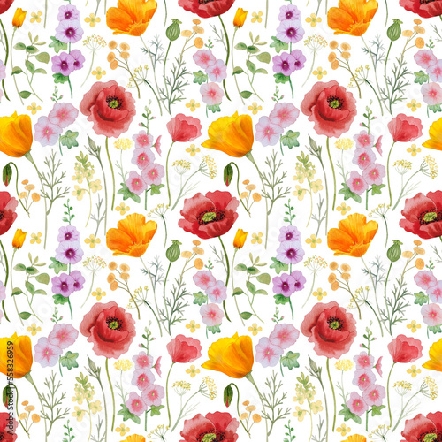 Watercolor wildflowers meadow pattern seamless