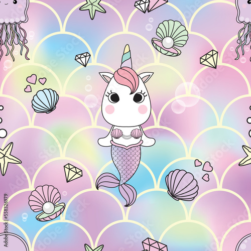 Cute seamless pattern unicorn mermaid rainbow under the sea decorate with pearl shell.