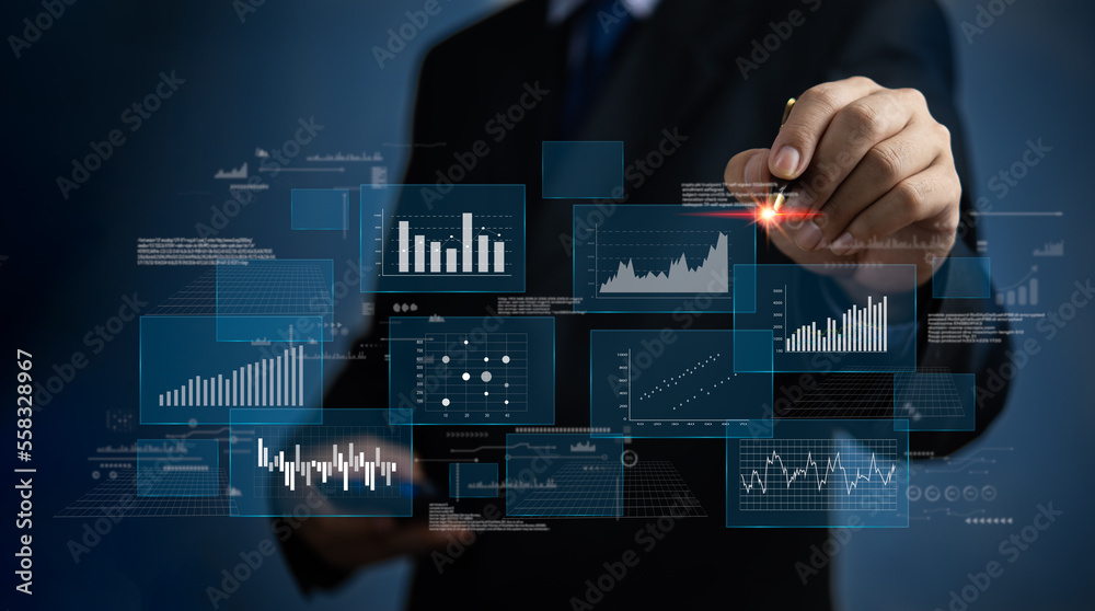 Business intelligence dashboard Big data diagram graph virtual screen. economic analysis and investment finance and marketing planning and business intelligence (BI) concept. - obrazy, fototapety, plakaty 