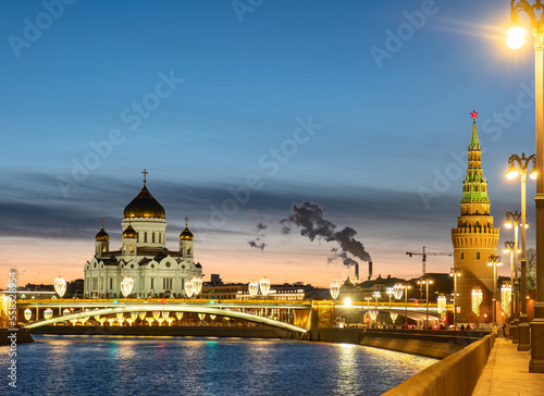 Moscow. Russia. January 01, 2023: Moscow river, Moscow Kremlin, Cathedral of Christ the Savior. Festive New Year's illumination. Winter view