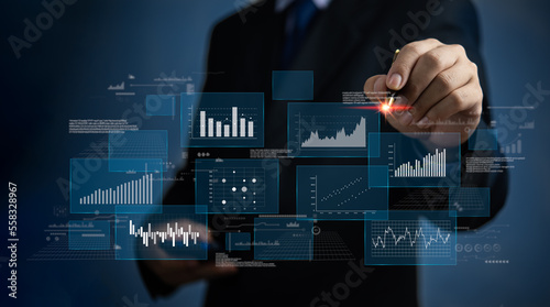 Business intelligence dashboard Big data diagram graph virtual screen. economic analysis and investment finance and marketing planning and business intelligence (BI) concept. photo