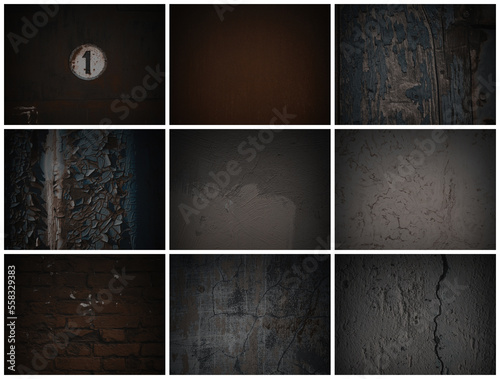 Set of dark background textures. Collection of textures with peeling paint, cracks, rust, scratches, stains, noise and grain. Weathered rough surfaces of old walls. Bundle of backgrounds for design.