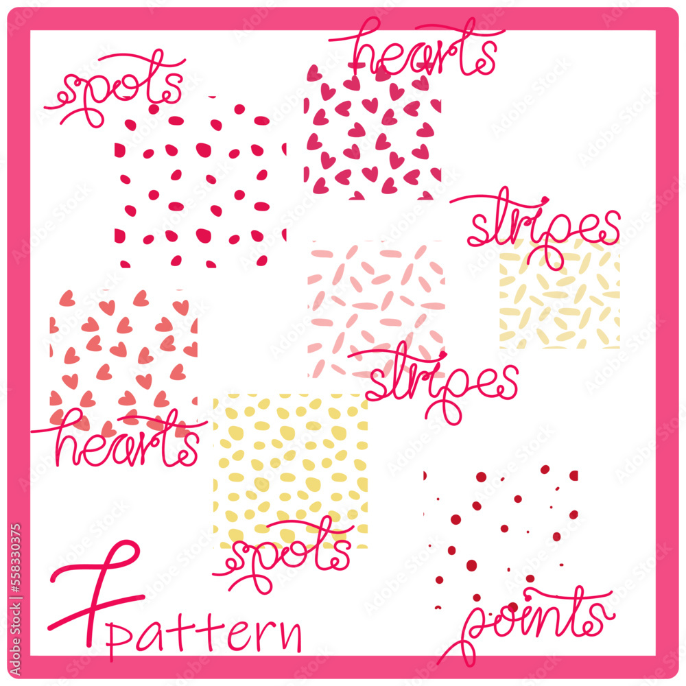 A set of patterns of seven backgrounds for small items on the theme of Valentine's Day. Mini backgrounds for various small items. repeating background of different sizes. Packaging A set of patterns of seven backgrounds for small items on the theme of Valentine's Day. Mini backgrounds for various small items. repeating background of different sizes. Packaging
