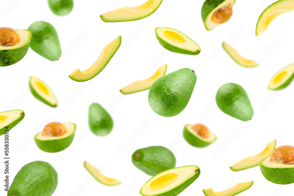 Falling avocado on white surface for advertisement Falling avocado on white surface for advertisement