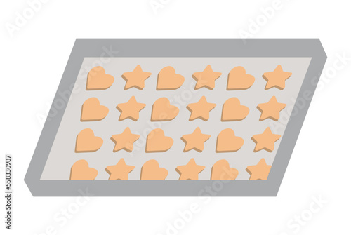 Cookies of various shapes on baking sheet. Home baking and making desserts. Vector illustration isolated design