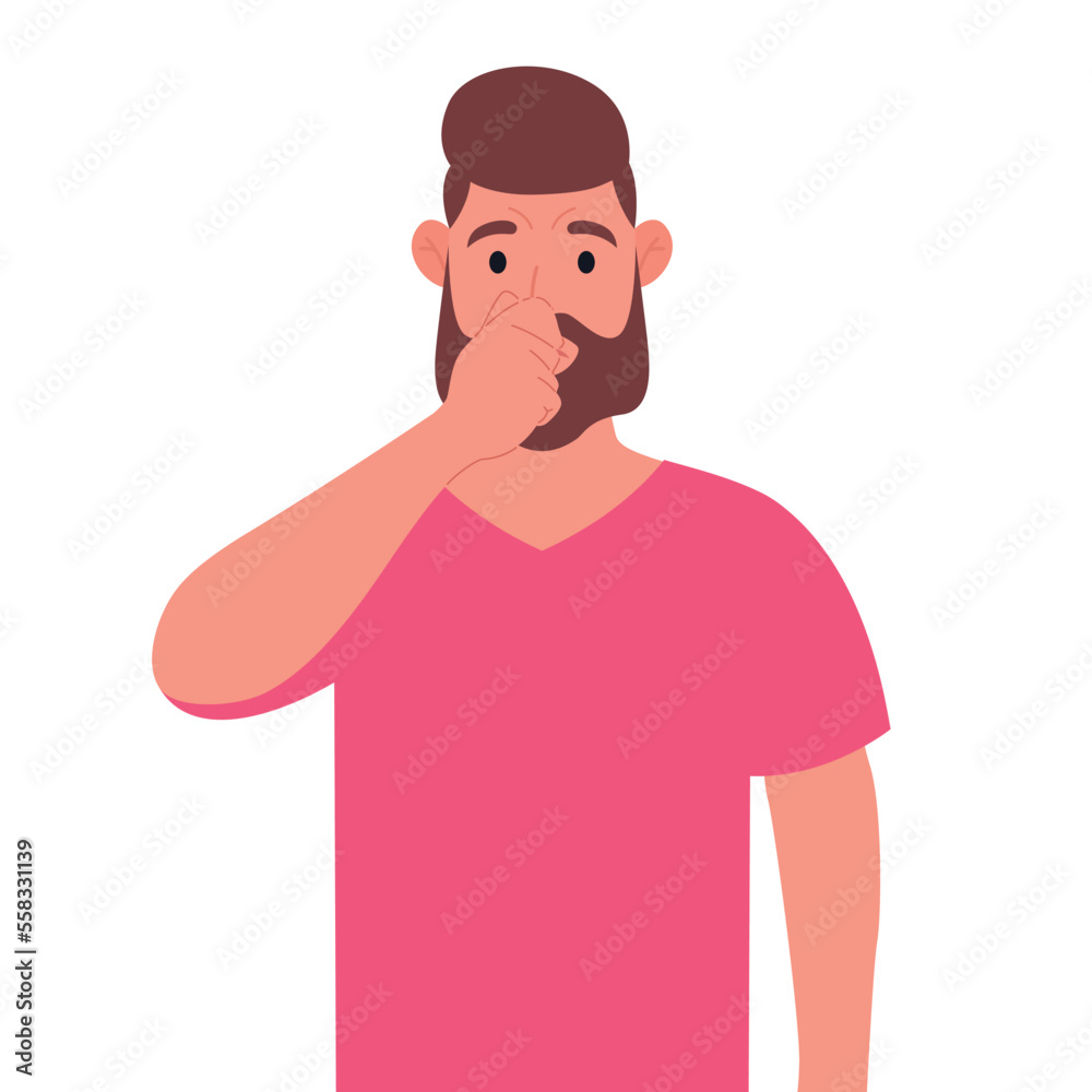 Bearded man in pink t-shirt holding fingers on nose. Vector illustration.