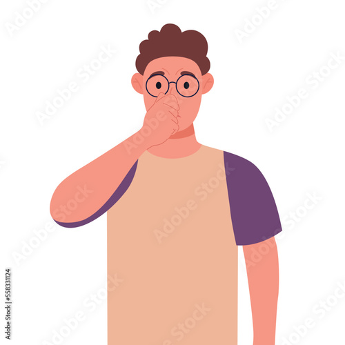 Curly young man in glasses holding fingers on nose Vector illustration.