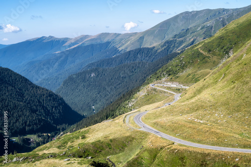Amazing panoramic summer view of the famous Transfagarasan serpentine mountain road between Transylvania and Muntenia in Romania