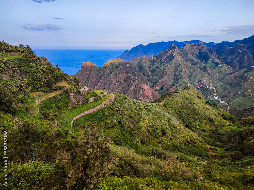 Fototapeta premium Paesaggi dello stupendo parco rurale di Anaga fotografati dai sentieri che lo attraversano. Isola di Tenerife, Canarie