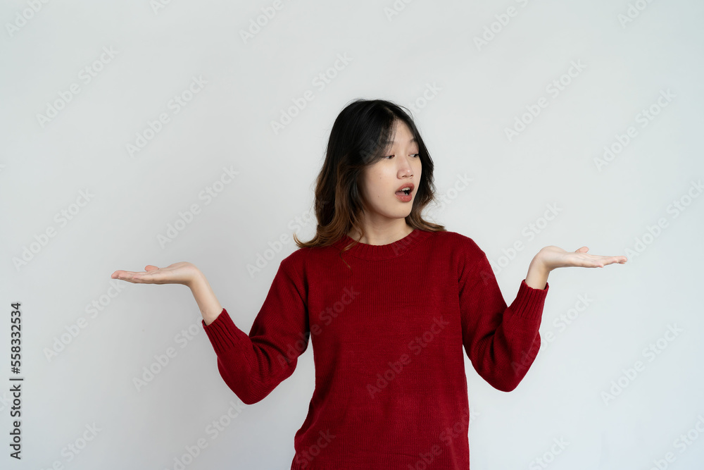 Asian long hair black beautiful woman feeling very happy Excited hand gesture and amazed. Studio portrait isolated on white background. Asian long hair black beautiful woman feeling very happy Excited hand gesture and amazed. Studio portrait isolated on white background.