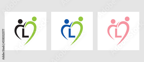 Letter L Community Logo Template. Teamwork, Heart, People, Family Care, Love Logo. Charity Donation Foundation Sign