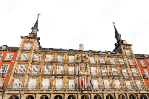 Facade of the Casa De La Panaderia (house of the bakery, 1619), ancient palace in Plaza Mayor (main square), Madrid downtown, Spain, southern Europe. Isolated on white or transparent background. 