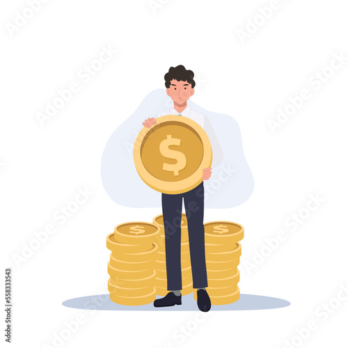 Businessman increased his income. Businessman holding big gold coins. investment advertising. Flat vector cartoon illustration