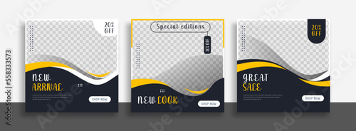 Set of Editable minimal square banner template. Blue yellow white background color with geometric shapes for social media post and web internet ads. Vector illustration
