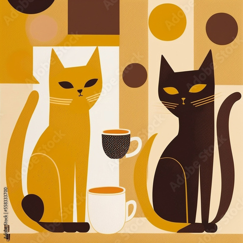 cats and coffee, digital painting by Generative AI, cozy vintage vibes