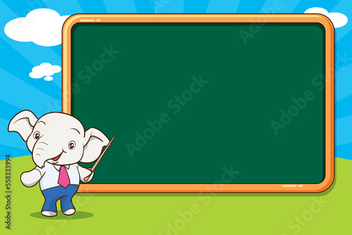cute elephant mascot teacher with blank board