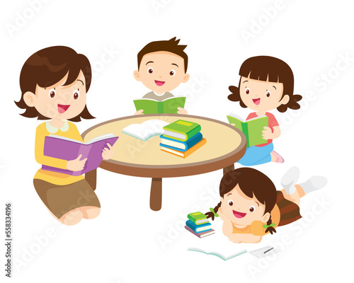 Happy Children reading book Back to School Concept kids and book
