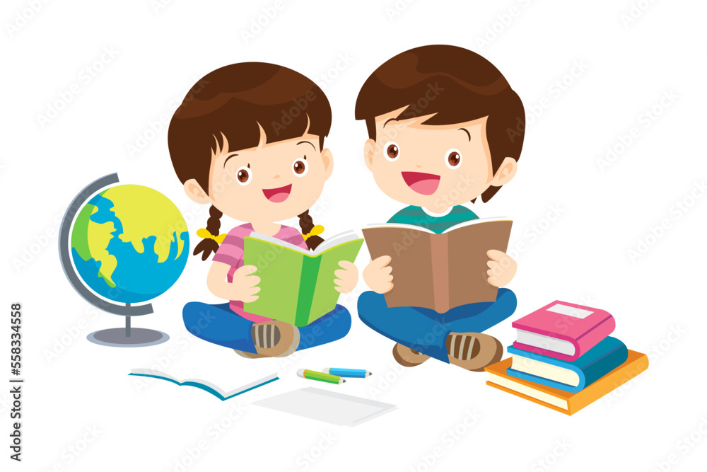 Happy Children reading book Back to School Concept kids and book