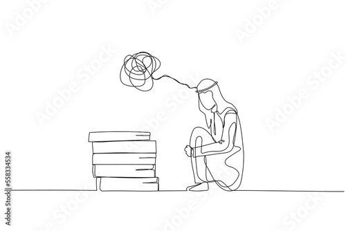 Drawing of arab man in a state of depression confused concept of mental health. Single line art style