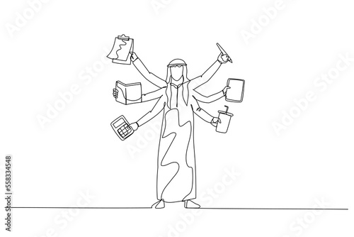 Illustration of arab man with several hand concept of multitasking. One line style art