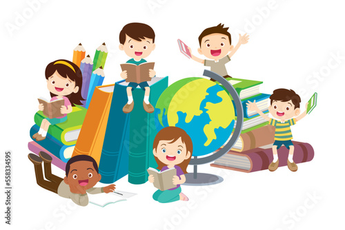 Happy Children reading book Back to School Concept kids and book