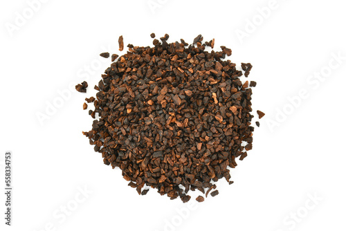 Roasted Chicory. Roasted Chicory chips, coarse cuts, pieces on white background. Instant coffee. Macro, close up, top view. tea ingredient. Organic. herbs. Dried Chicory. Dehydrated Chicory.
