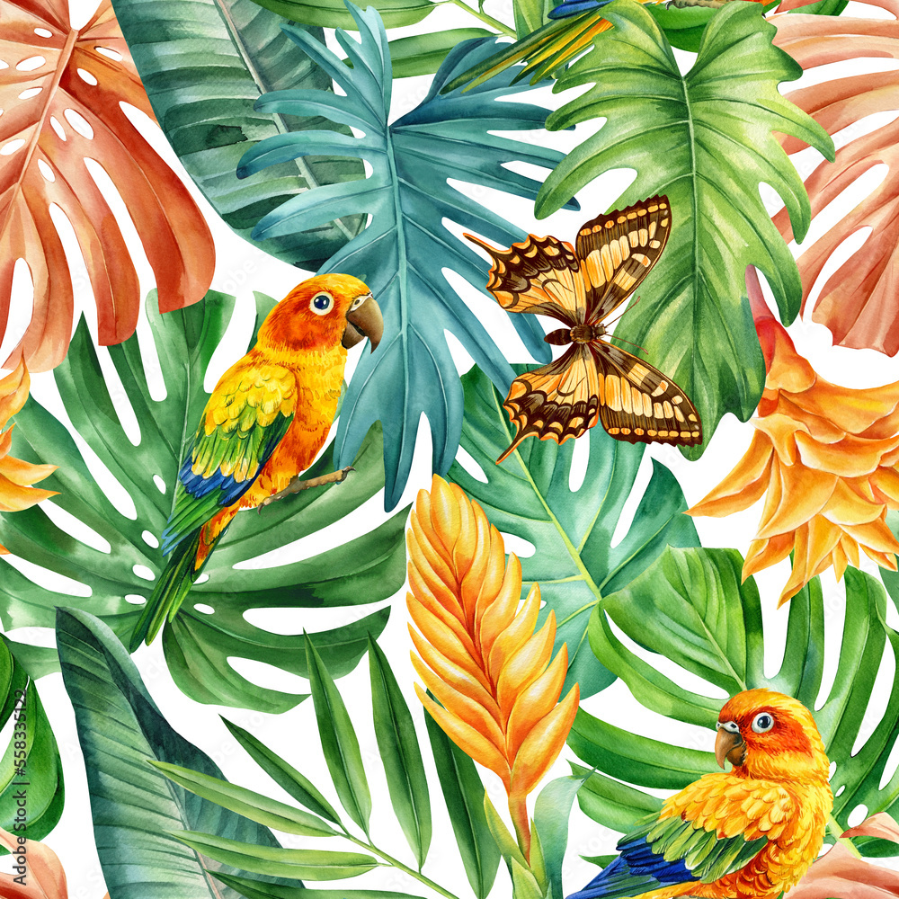 Obraz premium Colored leaves, lovebird, butterfly tropical watercolor painting. Seamless pattern, jungle illustration print 