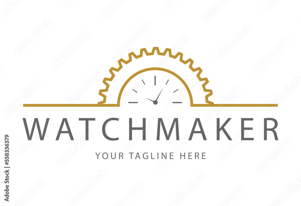 Fototapeta premium Watchmaker or clockmaker abstract logo. Watchmaking School sign. Watch restoration icon. Clock repair service.