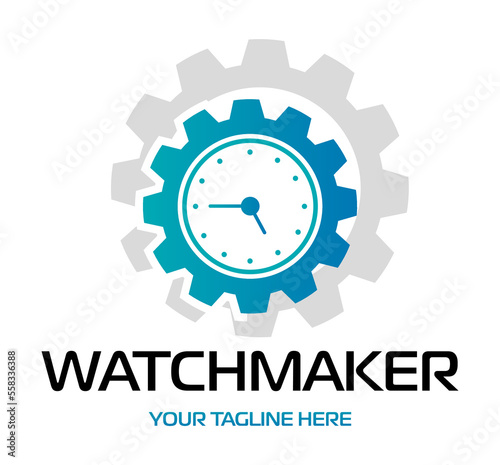 Watchmaker or clockmaker abstract logo. Watchmaking School sign. Watch restoration icon. Clock repair service.