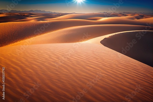 Desert dune landscape with horizon. Aerial view. 3d illustration.