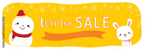 雪だるまとうさぎの冬バナー/黄色 横長/ウインターセール