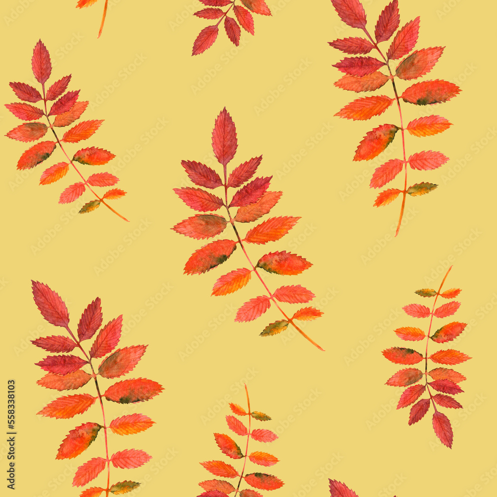 Watercolor seamless hand drawn pattern with red rowan leaves