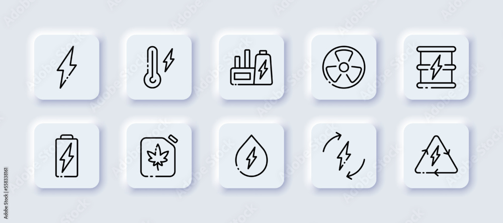 Energy line icon set. Neomorphism, lightning, heating, accumulator, battery, hydropower, nuclear, recyclable resources, nuclear power plant, fuel. Technology concept. Vector black line neomorphic icon Energy line icon set. Neomorphism, lightning, heating, accumulator, battery, hydropower, nuclear, recyclable resources, nuclear power plant, fuel. Technology concept. Vector black line neomorphic icon