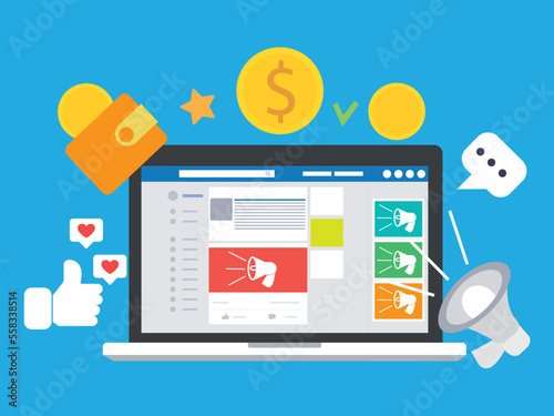 Computer laptop with social media advertising website. social ads digital marketing concept. Vector illustration