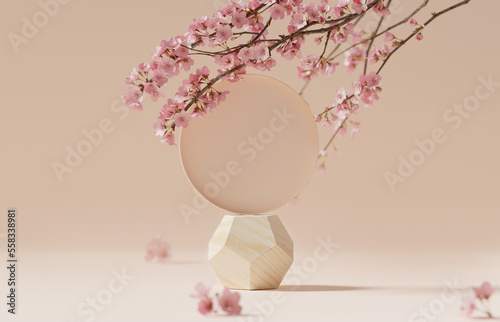 3D background, beige podium, wood display. Sakura pink flower tree branch. Cosmetic or beauty product promotion step floral pedestal. Abstract minimal advertise. 3D render copy space spring mockup.