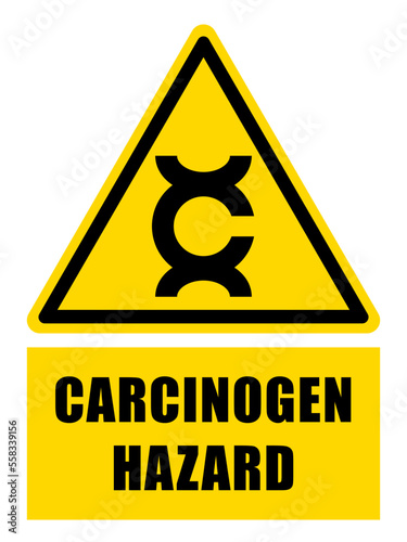 Carcinogen hazard, yellow triangle warning sign with symbol and text below.