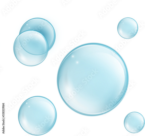 Water bubbles set PNG isolated. Translucent Cosmetic aqua. Realistic blue bubbles with reflection.